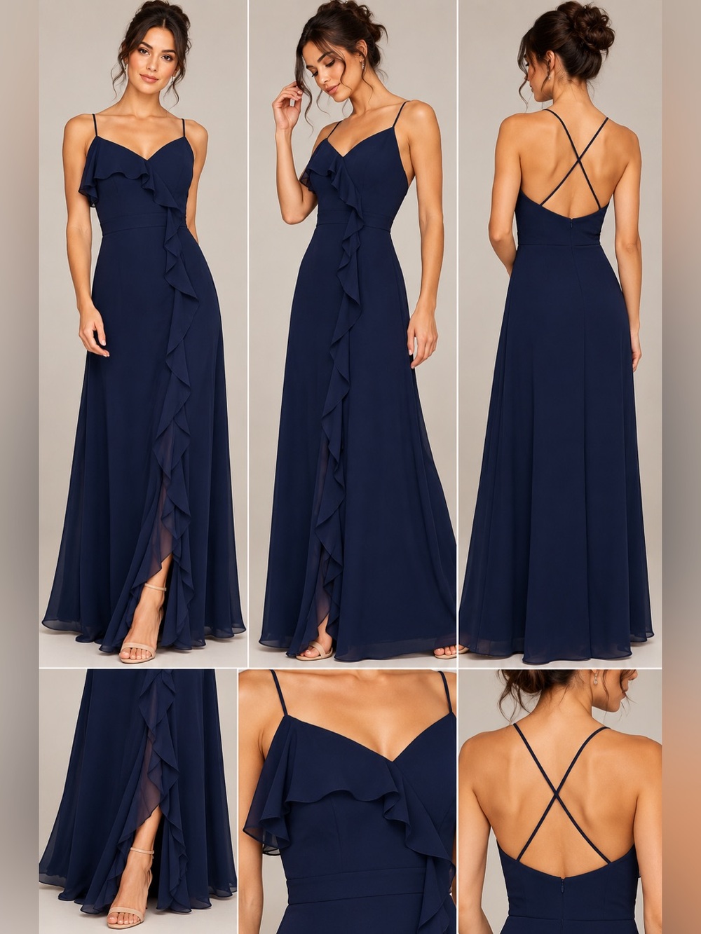 Cachet Navy Blue Ruffle Maxi Formal Evening Gown Cross Back Dress Size 6